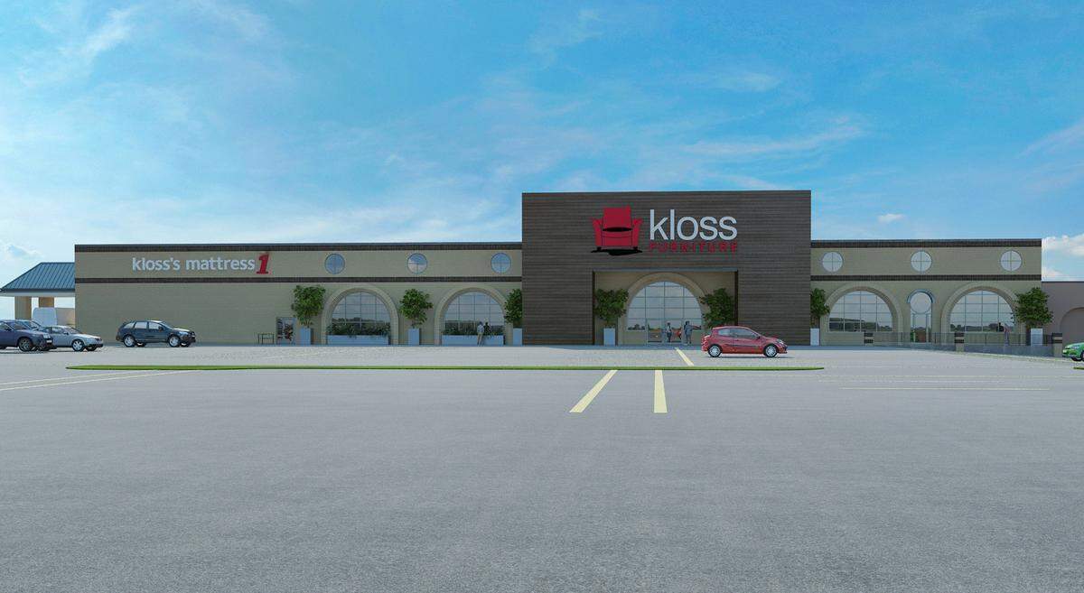 An artist's rendering of the renovations planned for the new Kloss Furniture store in Highland, which will be located in the former a building Schuette’s Market building at 1100 Broadway.