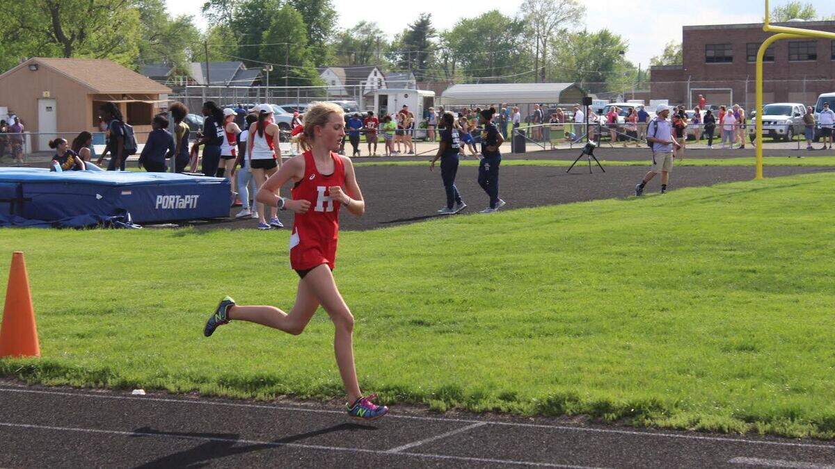 Highland freshman Grace Meyer runs the 3,200-meter run Wednesday, May 9 at the Springfield Lanphier Sectional, where she qualified for this weekend's IHSA Class 2A Girls State Track and Field Championships at Eastern Illinois University in Charleston.