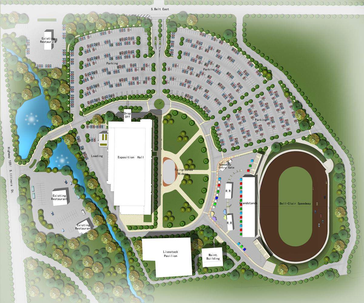 This rendering shows the renovations planned for the entire Belle-Clair Fairgrounds property, including the Belle-Clair Speedway, as of 2026.