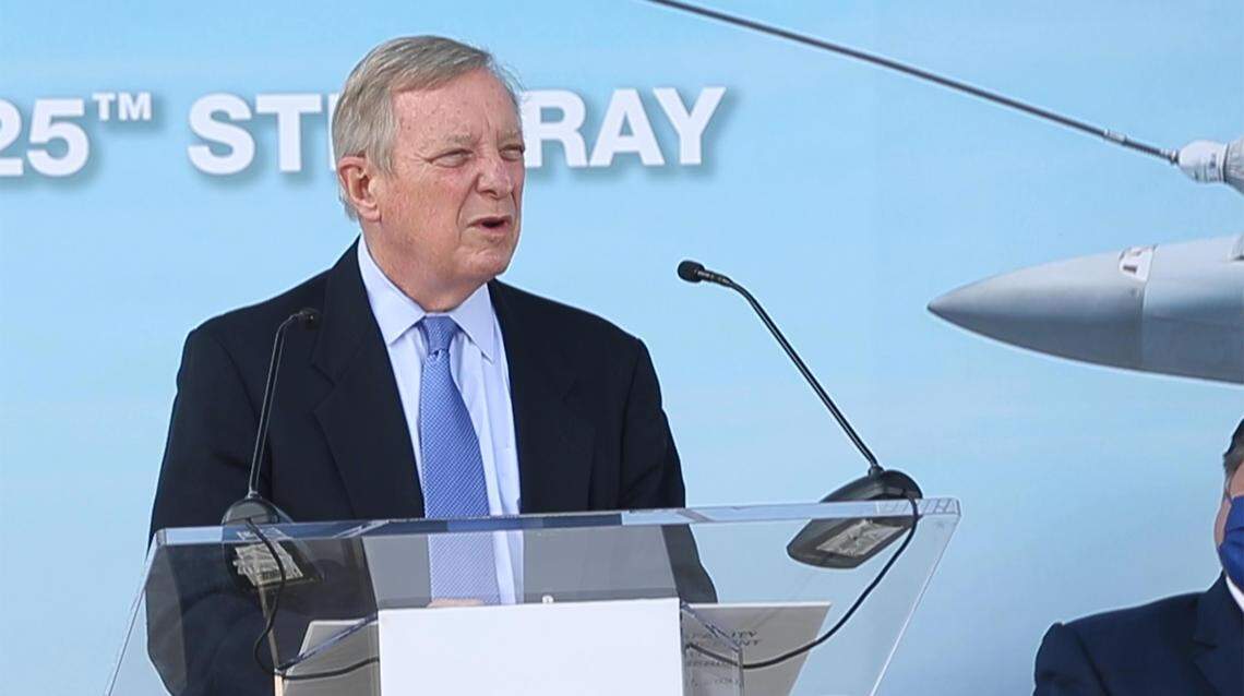 U.S. Sen. Dick Durbin (D-Illinois) recalls a time when many people questioned whether MidAmerica St. Louis Airport should be built at all while speaking at a news conference Friday in Mascoutah.