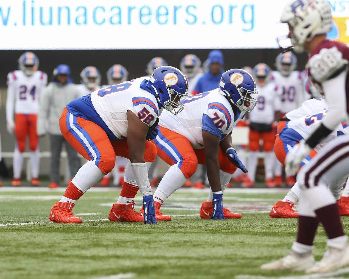East St. Louis offensive lineman Miles McVay, then a freshman, lines up against Prairie Ridge in the IHSA Class 6A championship game in 2019. The Flyers defeated Prairie Ridge 43-21 to claim the state crown and now will face the Wolves again in the state championship game Saturday, Nov. 26, at Memorial Stadium on the campus of the University of Illinois in Champaign. This also will be McVay’s final game in a Flyers uniform before he continues his football career at the University of Alabama.