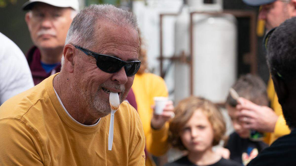 Denny Vollmar waits for a chili sample at the 2023 Belleville Chili Cook-Off.