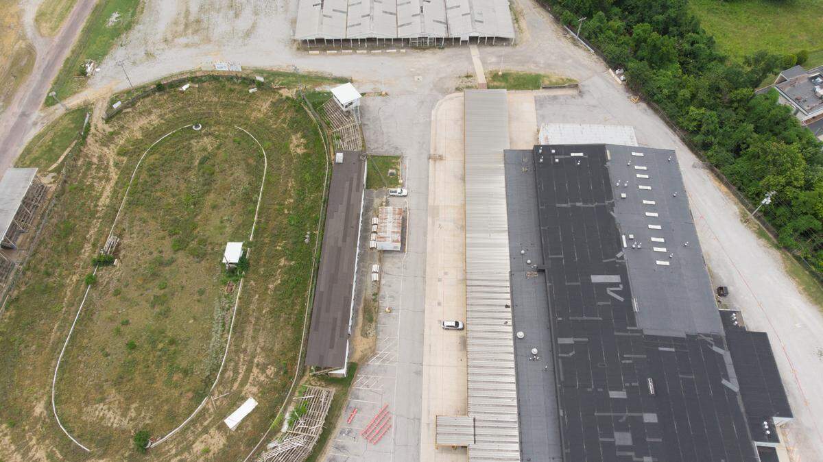 A drone photo showing some of the Belle-Clair Fairgrounds on June 18, 2024, in Belleville, Ill. On the left is the old Belle-Clair Speedway, and on the right is the expo center.