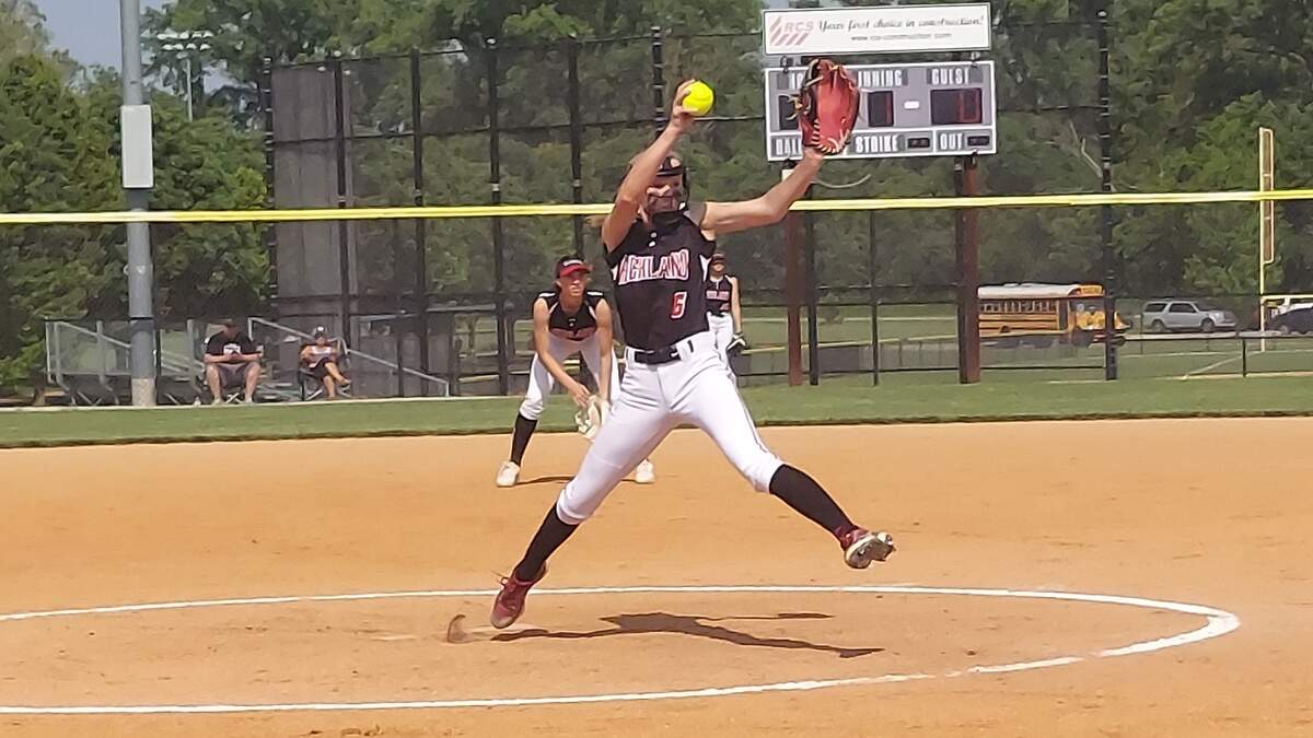 Highland junior pitcher Sophia Donohoe winds up for a pitch during the IHSA Class 3A Civic Memorial Regional semifinals Tuesday, May 23, against Mascoutah at Bethalto Sports Complex. Donohoe helped pitch the Bulldogs to a regional championship before the team lost in the sectional semifinals to finish the season at 24-8-1.