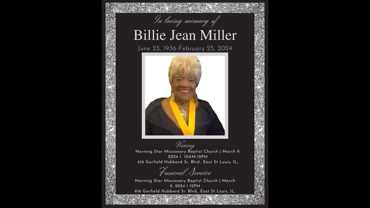 The funeral for East St. Louis businesswoman and civic leader Billie Jean Miller is Saturday, March 9, 2024 at Morning Star Missionary Baptist Church in East St. Louis.