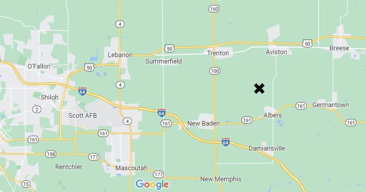 An X marks the vicinity between Aviston and Albers where a man shot and killed a neighbor’s Siberian husky, maintaining that the dog was a danger to his granddaughter. His action has prompted a firestorm of criticism on Facebook.