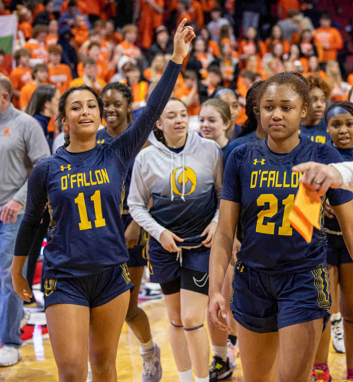 O’Fallon Malia Robertson (11) and Shannon Dowell (21) as seen after their 77-60 win over Hersey in the in the IHSA Class 4A state semifinals Friday. The Panthers now will play for the state championship