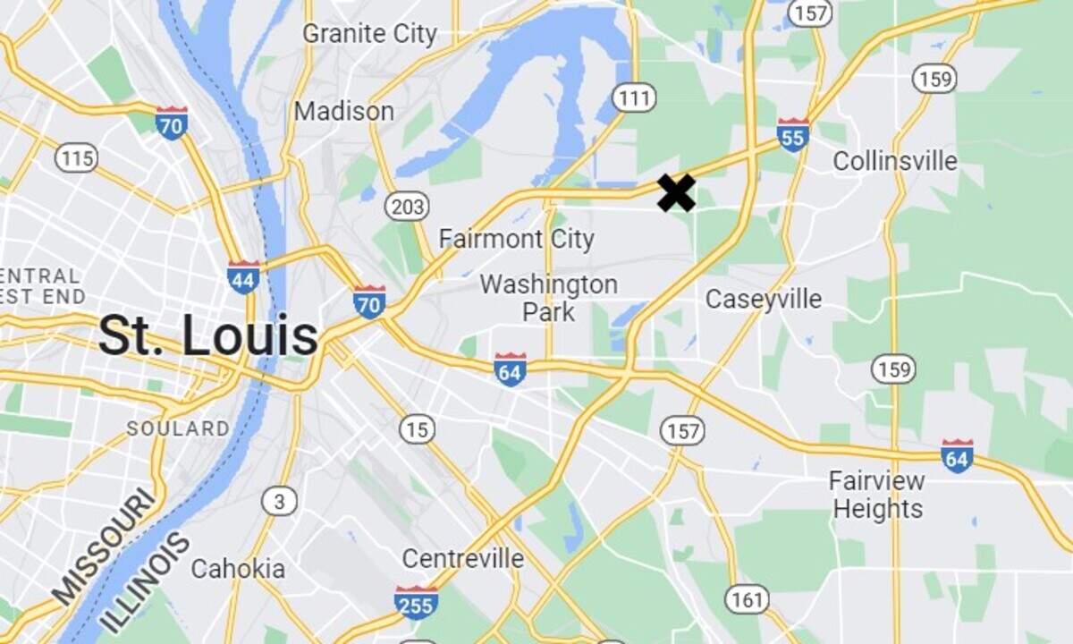 An X marks State Park Place, an unincorporated area on the southwest edge of Collinsville, where an 18-year-old was shot and killed on New Year’s Day. Two men are being charged with first-degree murder.