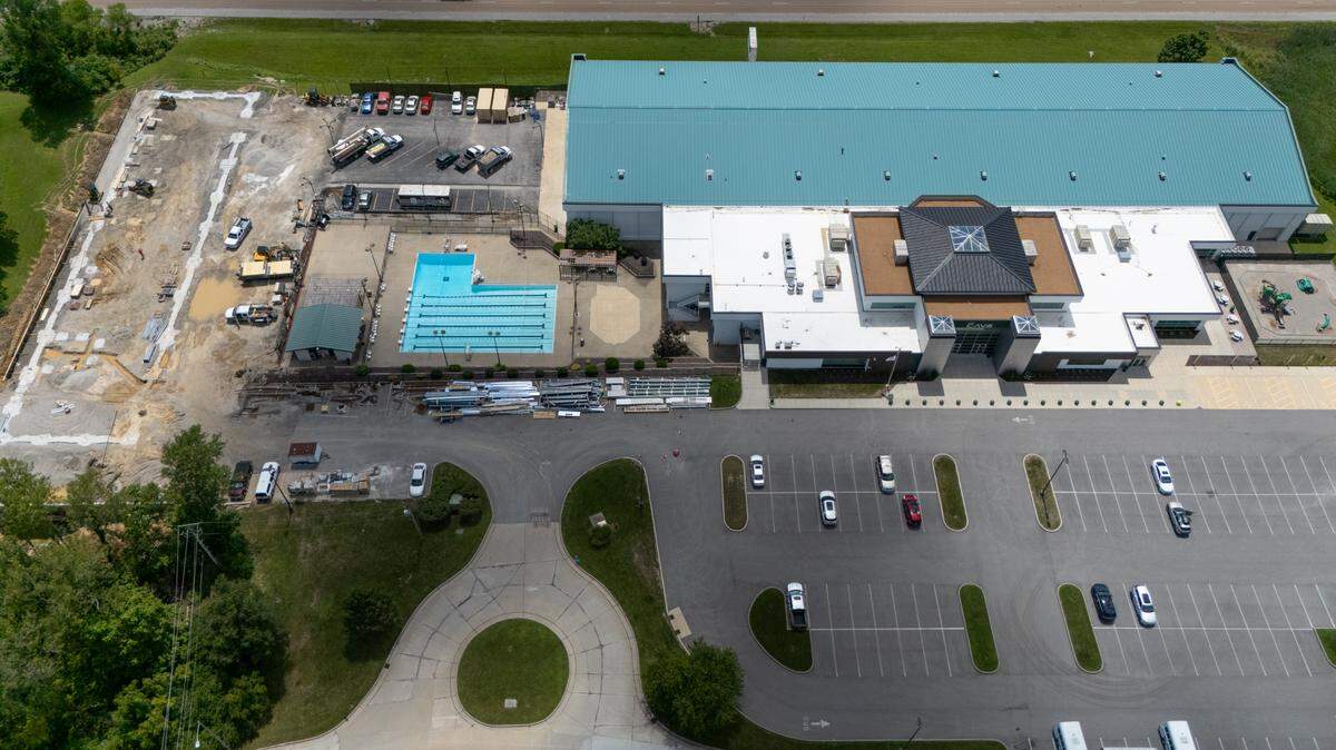 A drone photo showing Belleville Township High School District 201’s Center for Academic and Vocational Excellence (right) and the forthcoming 15,000-square-foot annex (left) in Belleville, Ill., on July 18, 2024.