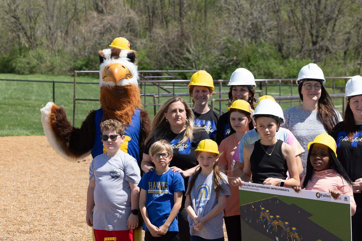 Children, teachers, developers, PTO members and a school mascot get ready at a groundbreaking for playground updates at Hinchcliffe Elementary in O’Fallon on April 22.