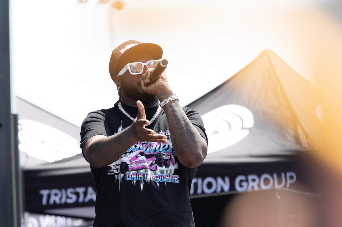 Hip-hop artist T-Pain performs an hour prior to the Enjoy Illinois 300 Cup Race at WorldWide Technology Raceway in Madison, Ill. on June 2, 2024.