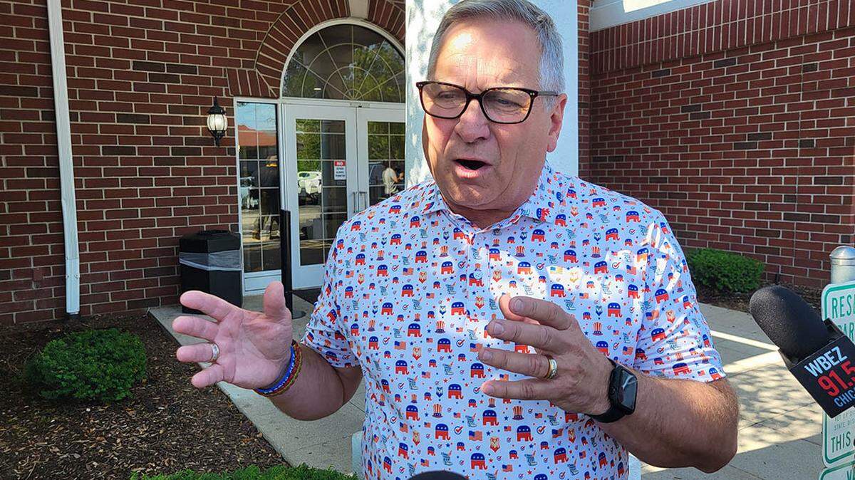 U.S. Rep. Mike Bost, a Republican from Murphysboro, speaks to reporters at the Republican National Convention in Milwaukee in July 2024.