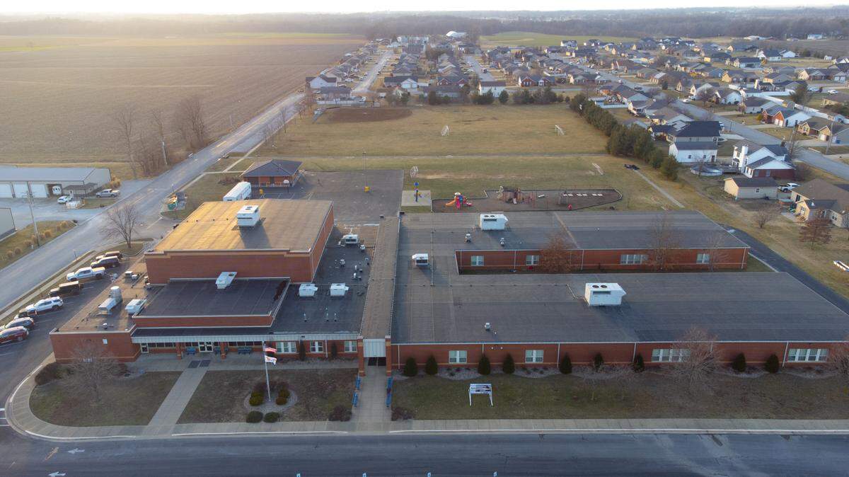This drone photo shows Aviston Elementary in Aviston, Ill., on Feb. 21, 2024.