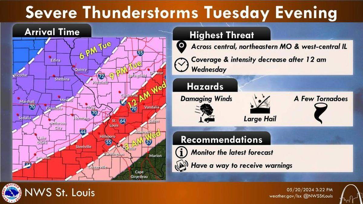 The National Weather Service said there is a chance for severe thunderstorms and tornadoes in the metro-east late Tuesday and early Wednesday.