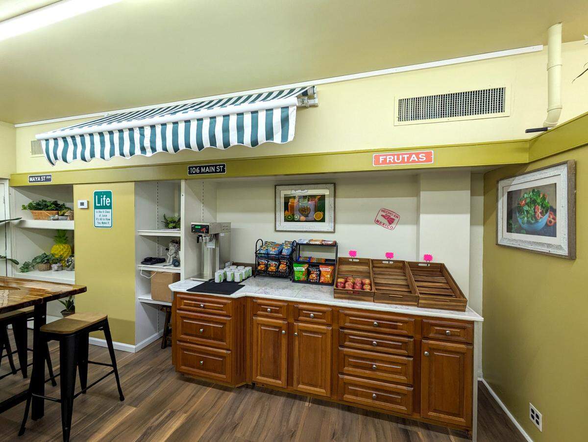 Maya will also offer coffee, chips and other snacks. The crates of fruit are displayed as they would be in a Mexican street market.