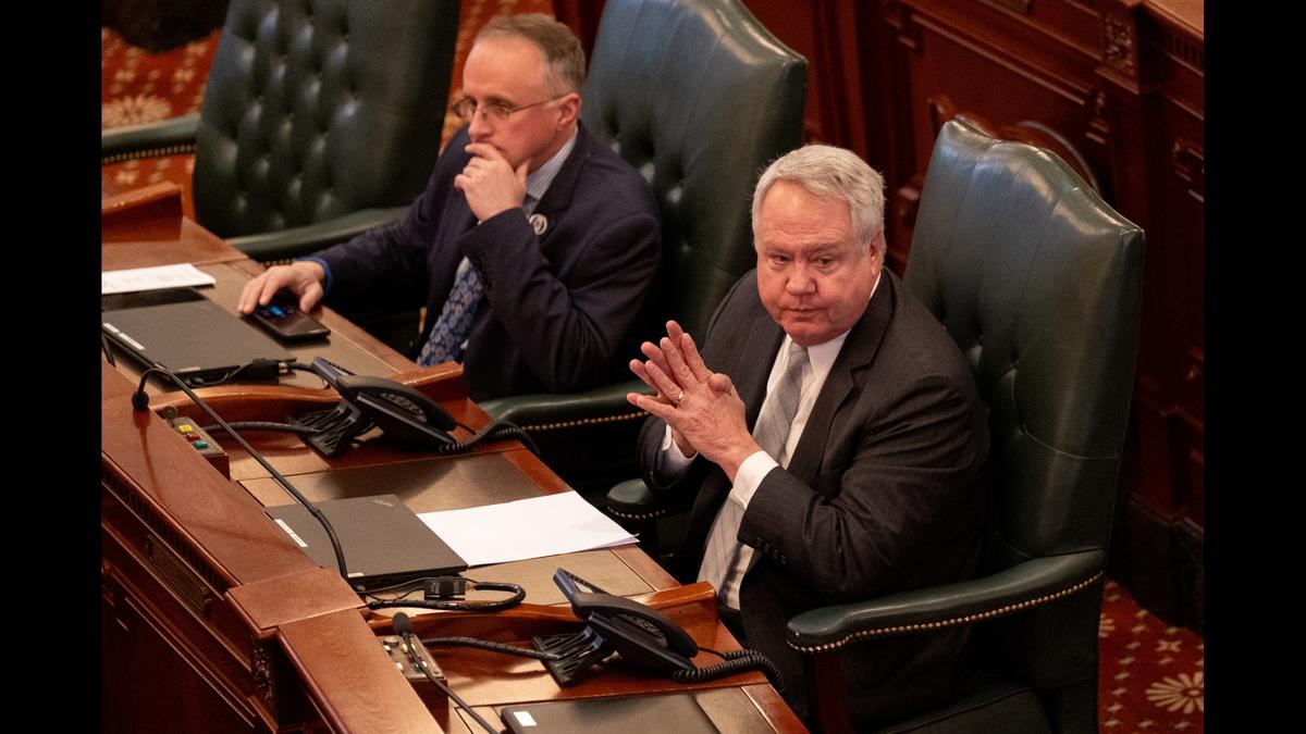 State Rep. Jay Hoffman, D-Swansea, looks to his colleagues on Feb. 21 before the governor’s budget address at the Capitol in Springfield.