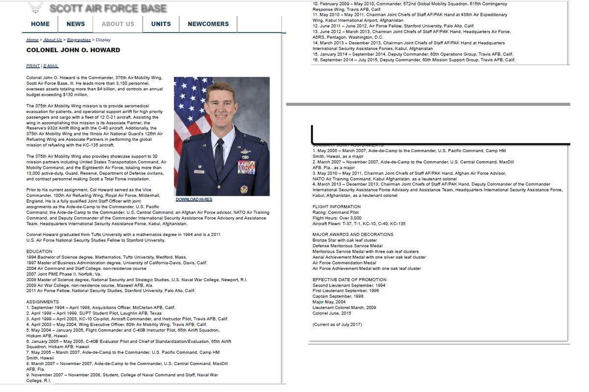This screen capture shows Col. John Howard's Air Force biography, which has been removed from Scott Air Force Base's website, but is still available through internet archive website WaybackMachine.