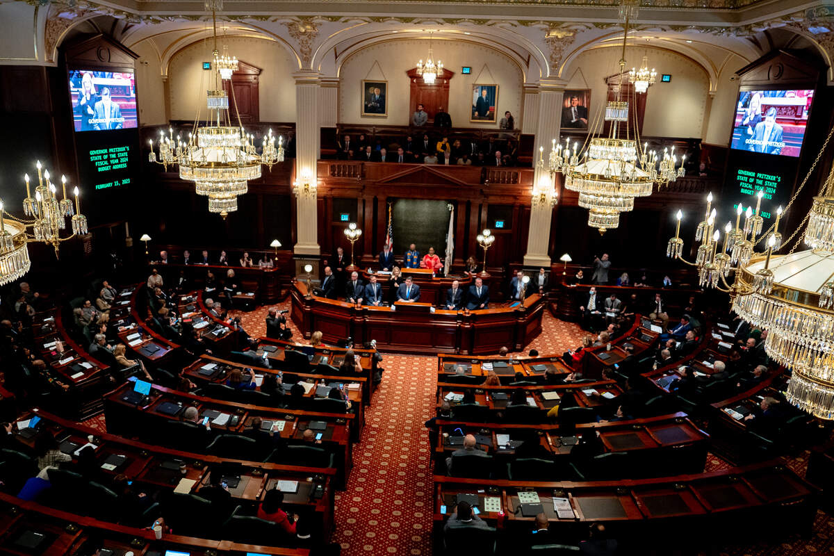Illinois Gov. J.B. Pritzker gives his annual state of the state speech and budget address on Wednesday, Feb. 15, 2023, at the Illinois capitol in Springfield.