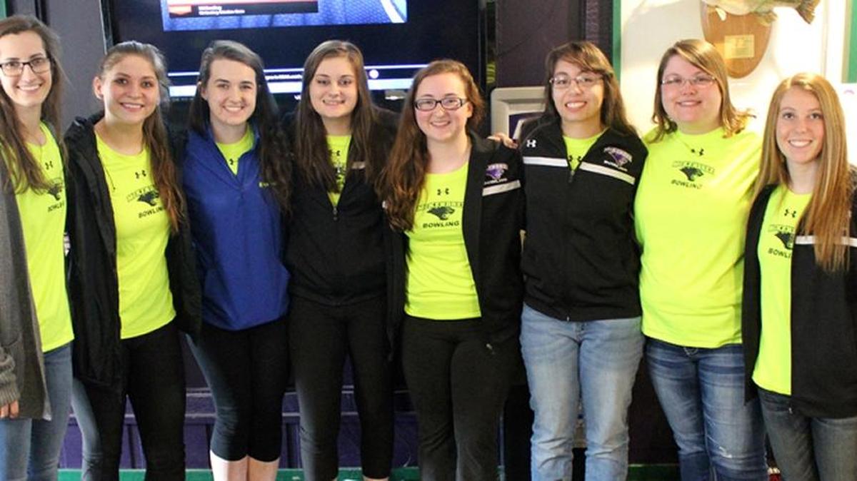 The McKendree women’s bowling team had a viewing party Wednesday for the NCAA Selection Show at The Hills Golf Club at McKendree University. The team earned a spot in the tournament. From left to right: Sarah Wille, Jessica Mellott, Christie Draper, Lauren Pate, Ashley Hathaway, Ashley Dunn, Samantha Hagerman and Karlie Loop. All eight will represent McKendree at the NCAA Championships.