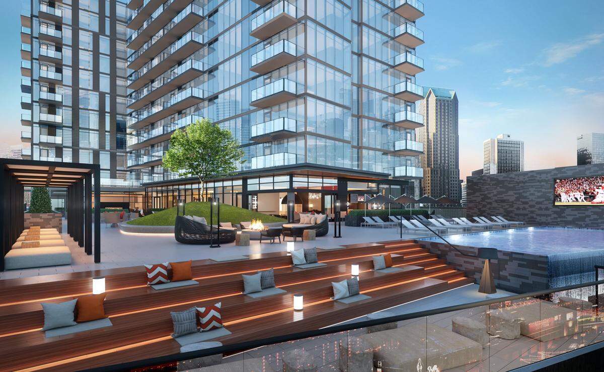 This computer-generated rendering shows the upscale apartment tower that’s being built at the corner of Clark Avenue and South Broadway in downtown St. Louis as part of Ballpark Village.