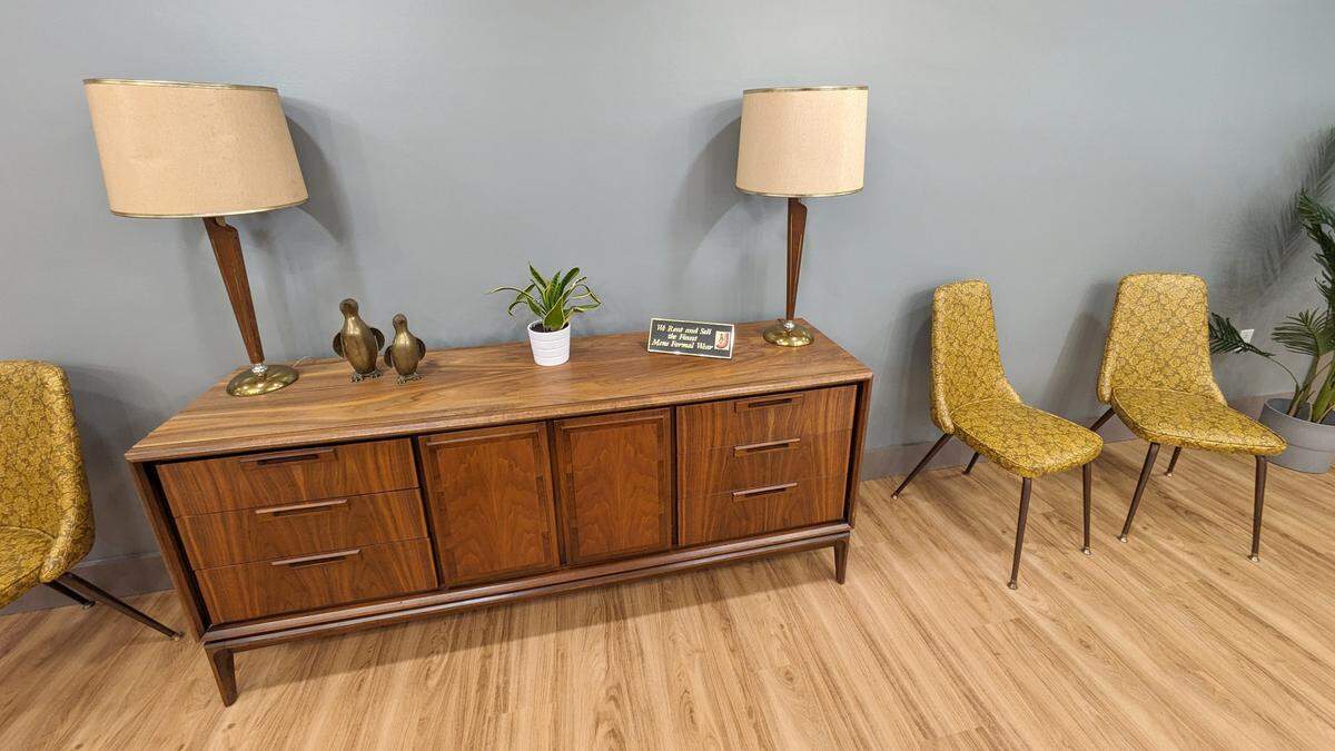 Jim’s Suits & Tuxedos is furnished with a variety of vintage pieces.