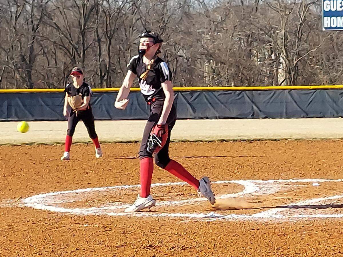 Highland sophomore pitcher Sophia Donoho lets fly a pitch toward home plate during a non-conference road game Wednesday, March 16, against O’Fallon. In more recent action, Donoho and the Lady Bulldogs dropped a heartbreaking 7-6, eight-inning decision to Gillespie.