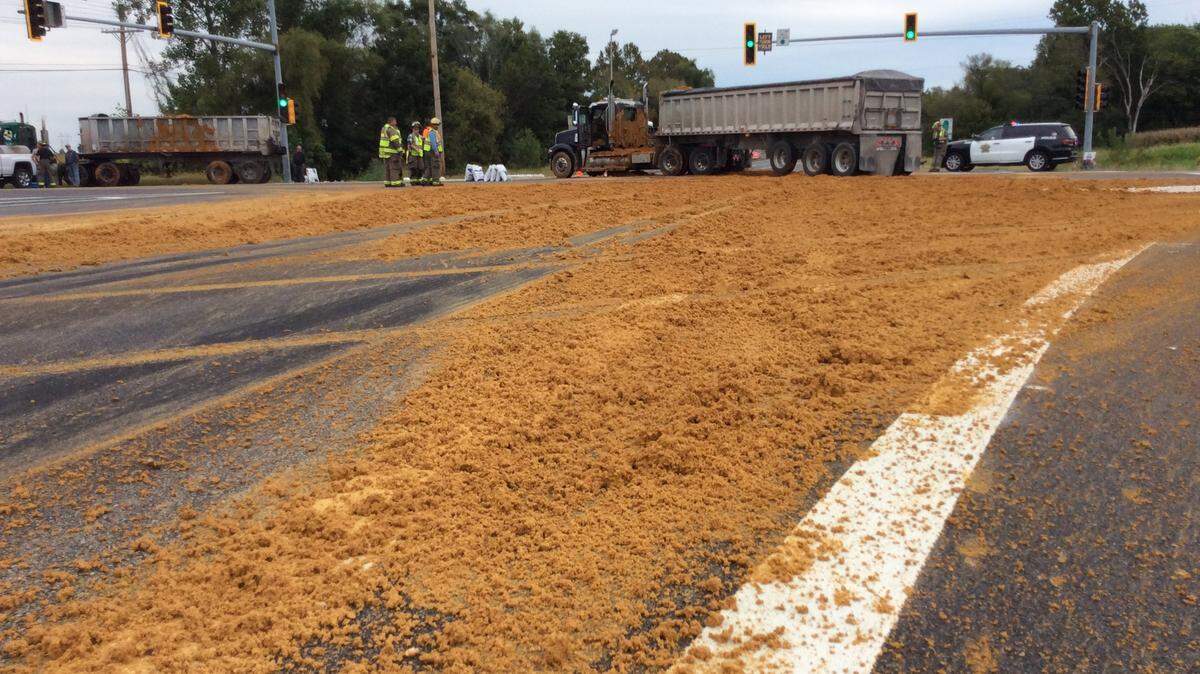 The intersection of Illinois 161 and Illinois 4 was closed Thursday morning from a crash involving two trucks hauling agricultural product at about 9:30 a.m. Mascoutah Police said the intersection would remain closed until the product and spilled fuel were cleaned up and the trucks towed away.