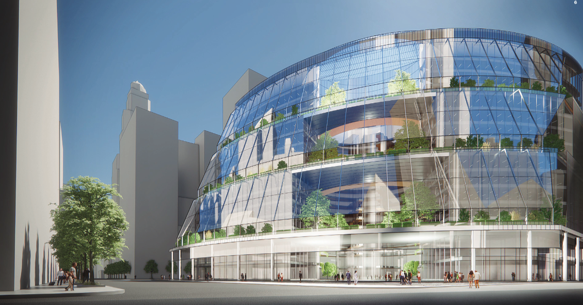 This is an artist’s rendering of a renovated John R. Thompson Center at 100 W. Randolph St. in Chicago. JRTC Holdings has been identified as a potential buyer of the state-owned building. The closing date will be in the summer of 2022 followed by two years of renovations.