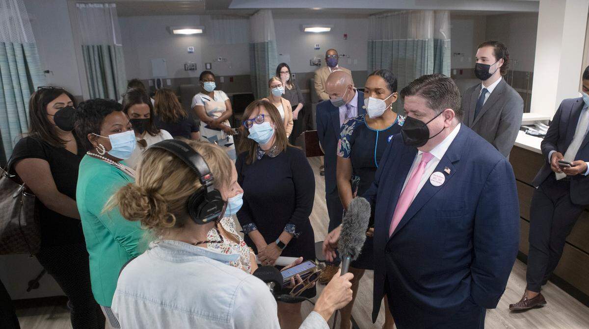 Illinois Gov. JB Pritzker speaks with members of the media inside the Fairview Heights, Illinois location of the Reproductive Health Services of Planned Parenthood of the St. Louis Region (RHS). Pritzker joined the Metro East abortion provider in calling on Congress to pass the Women’s Health Protection Act (WHPA). Pritzker and RHS leaders also announced new plans to scale capacity for Illinois abortion providers preparing for a post-Roe surge from patients in neighboring states.