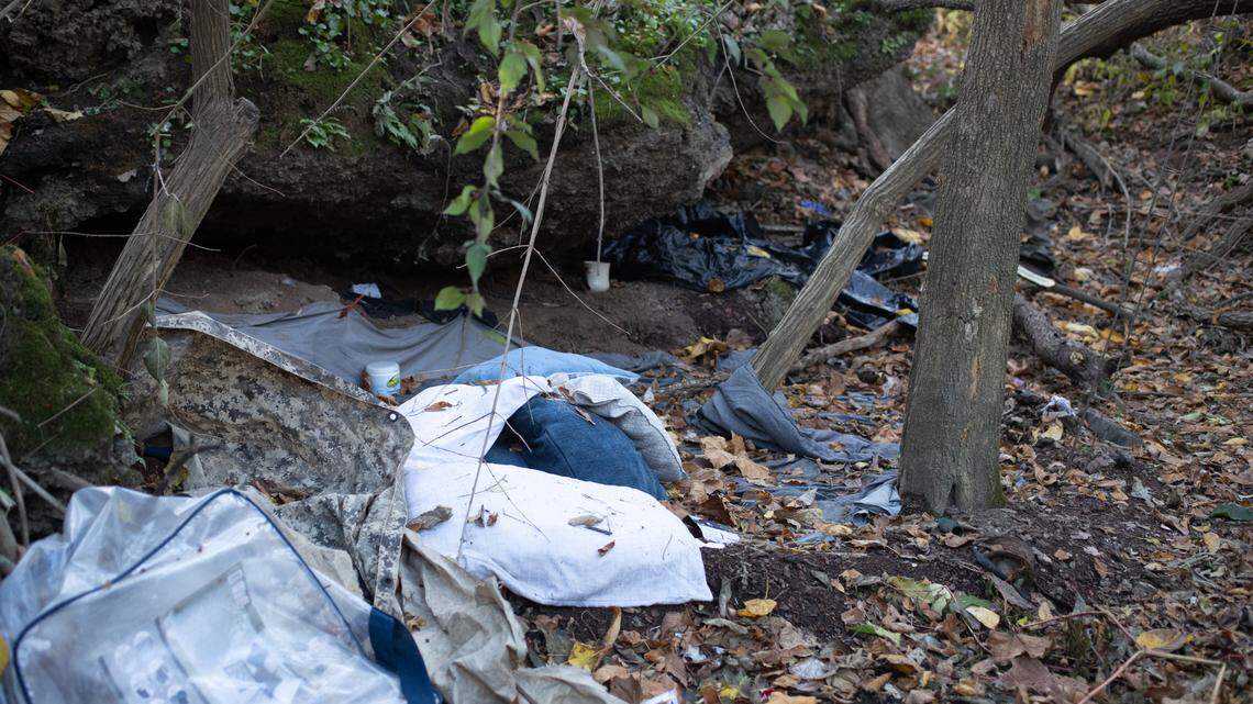 This photo taken last week shows an illegal camp under a rock overhang in woods around North End Park in Belleville. A man quickly left the area when a BND photographer approached.