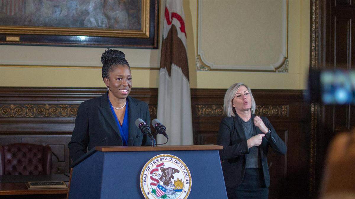 Illinois Department of Public Health Director Dr. Ngozi Ezike takes questions during a COVID-19 briefing Monday at the Illinois State Capitol in Springfield. She gave an update on the state’s vaccination plan.