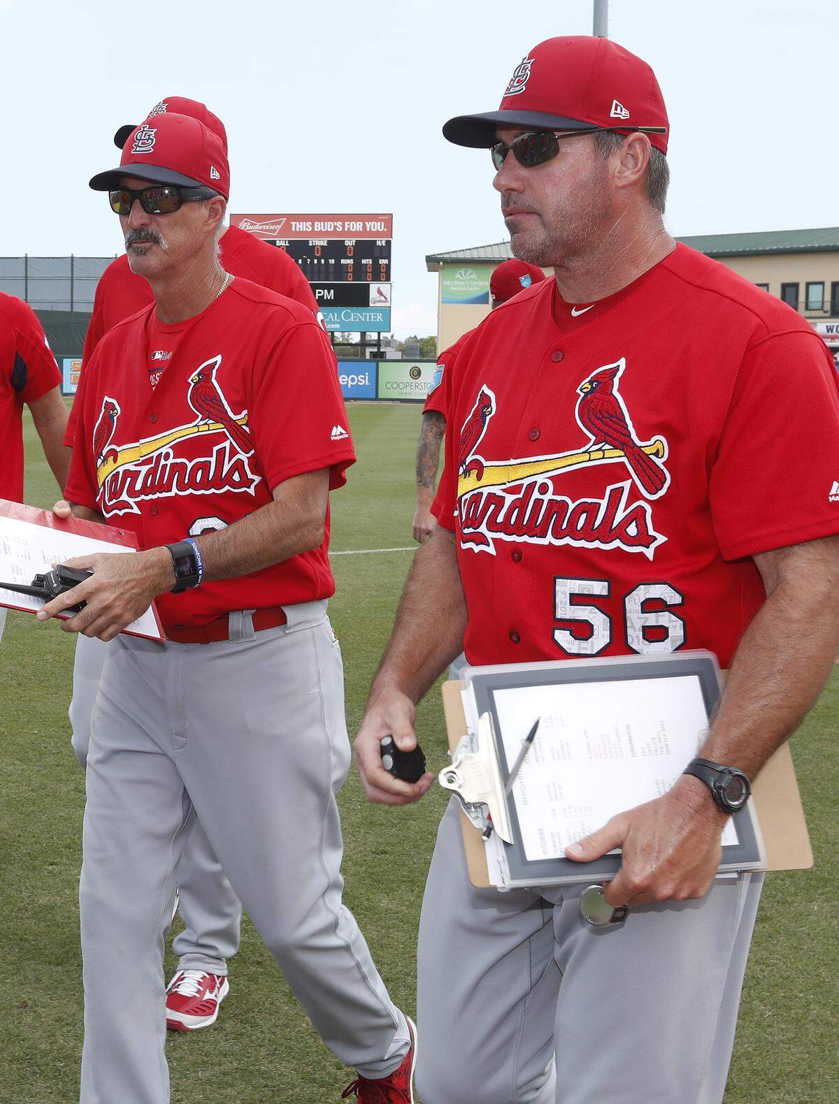 Bullpen coach Bryan Eversgerd, of Carlyle, and pitching coach Mike Maddux supervise a workout at the Cardinals’ spring training complex in Jupiter, Florida, in 2018.