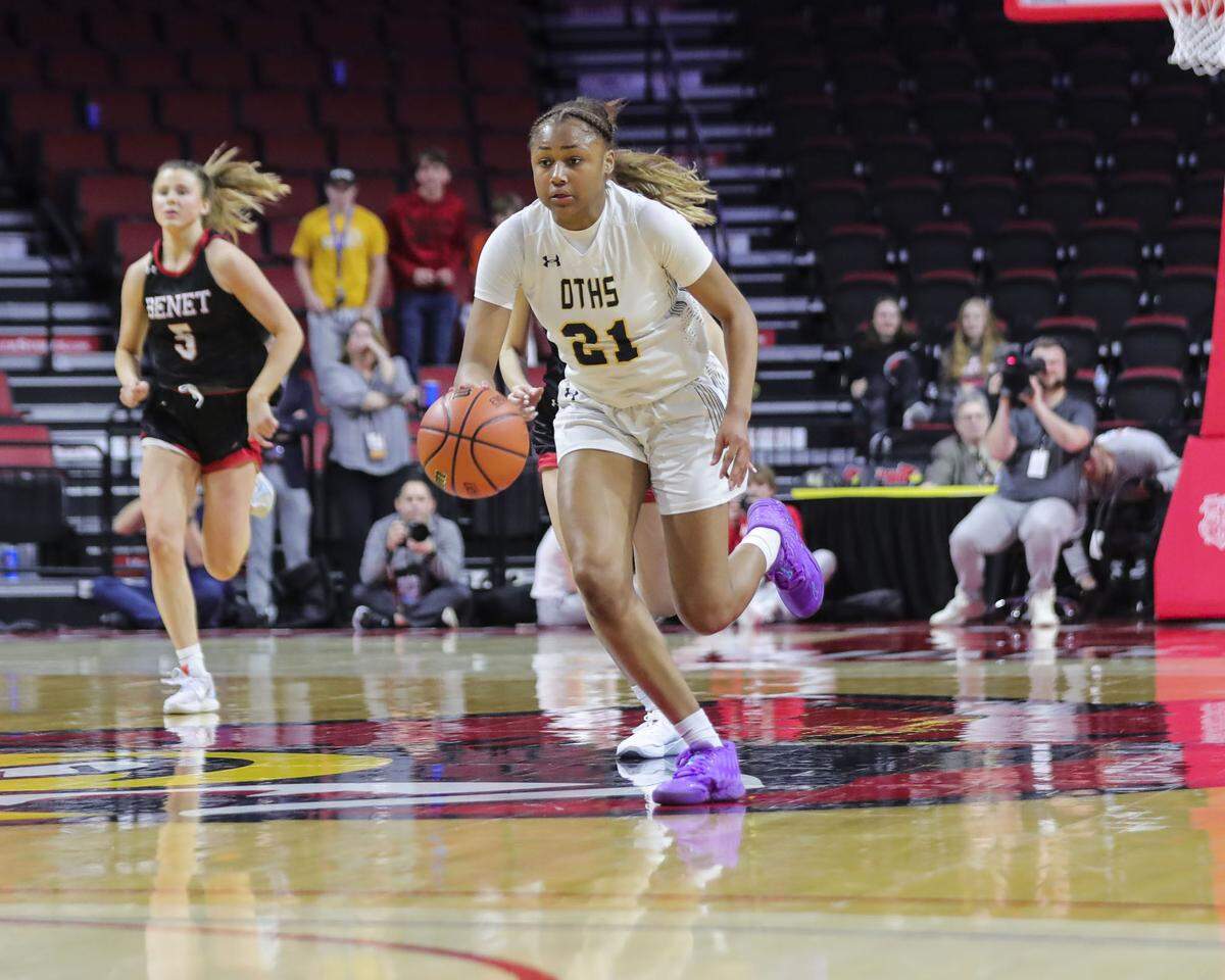 O’Fallon’s Shannon Dowell brings the ball up court during Saturday’s IHSA Class 4A state championship game against Lisle Benet Academy at CEFCU Arena (formerly Redbird Arena) on the campus of Illinois State University. O’Fallon ultimately prevailed 62-57 to claim the state title.