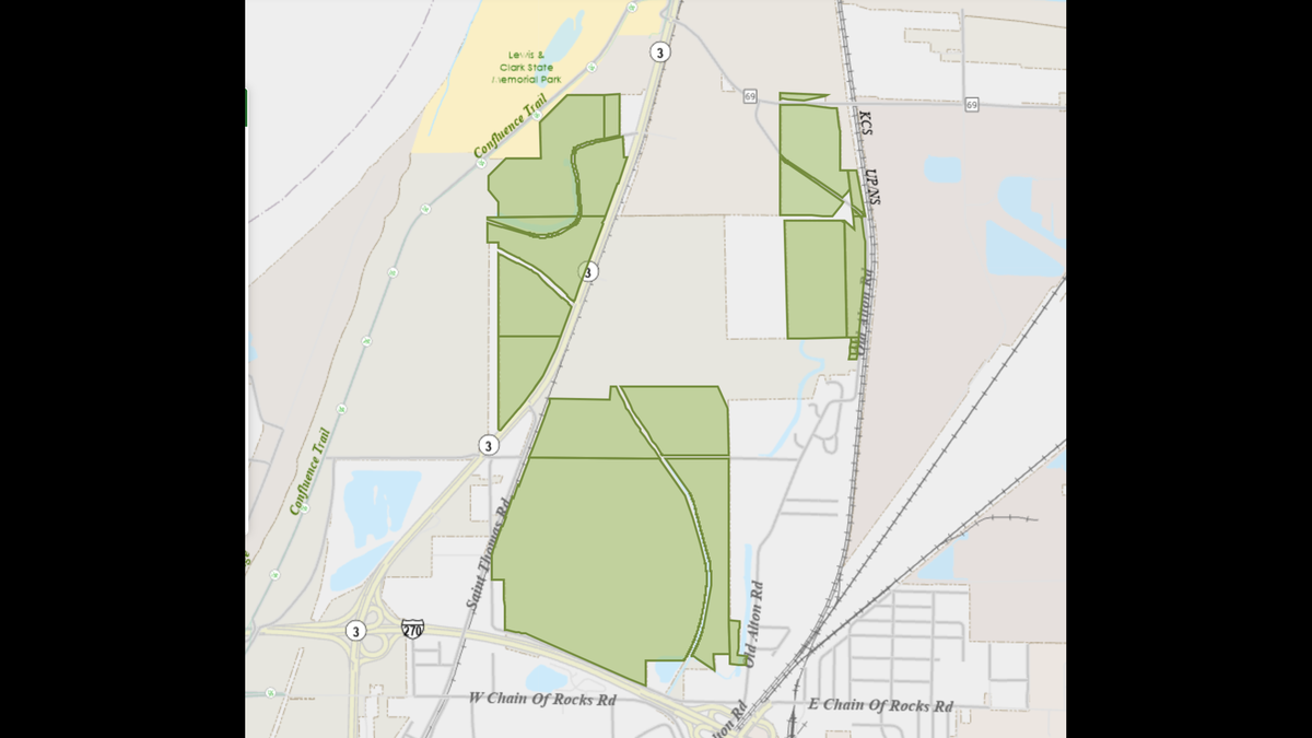 This map shows undeveloped land America’s Central Port District owns, mostly in Granite City. The district bought more than 1,000 acres from Ameren Development Corp. in 2024 and a few more parcels the following year to expand footprints and make them more attractive for large development.