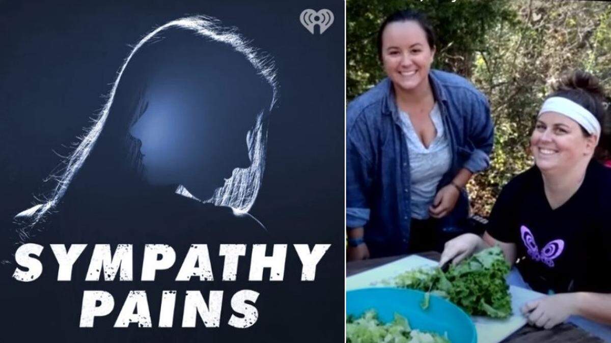 At left is a poster for “Sympathy Pains,” a new podcast. It covers the story of Sarah Delashmit, at right in a wheelchair, pretending to be debilitated by muscular dystrophy at a summer camp in 2015.