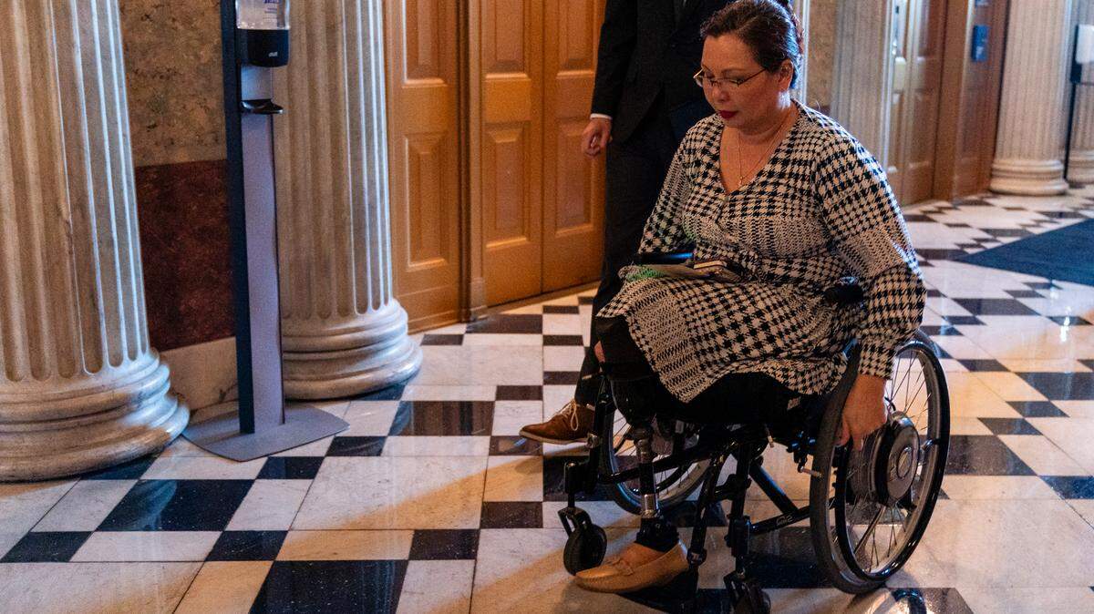 Senator Tammy Duckworth, D-Illinois, arrives to vote at the Senate chambers on Tuesday, April 16, 2024, at the U.S. Capitol in Washington, D.C. House Republicans sent articles of impeachment of Homeland Security Secretary Alejandro Mayorkas to the Senate.