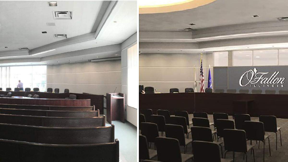 The current council chambers (left) will be redone to look like the image on the right.