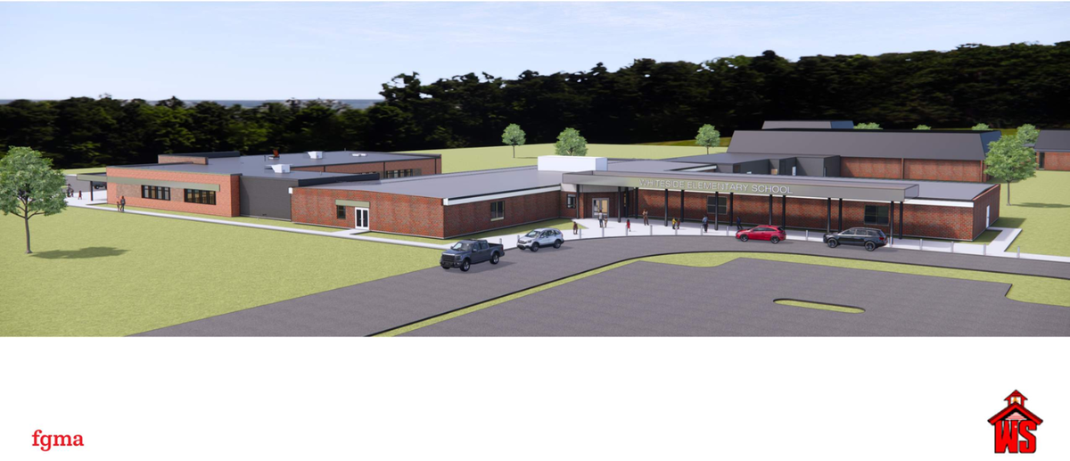 A rendering of what Whiteside Elementary School will look like once its 13,550 square foot addition is completed. The addition will contain early childhood and pre-K classrooms, and is expected to be complete for the 2026-27 school year.