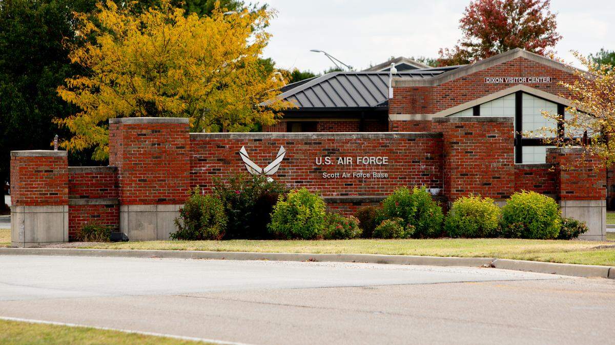 The entrance to Scott Air Force Base on Friday, Oct. 7, 2022, near O’Fallon, Ill.