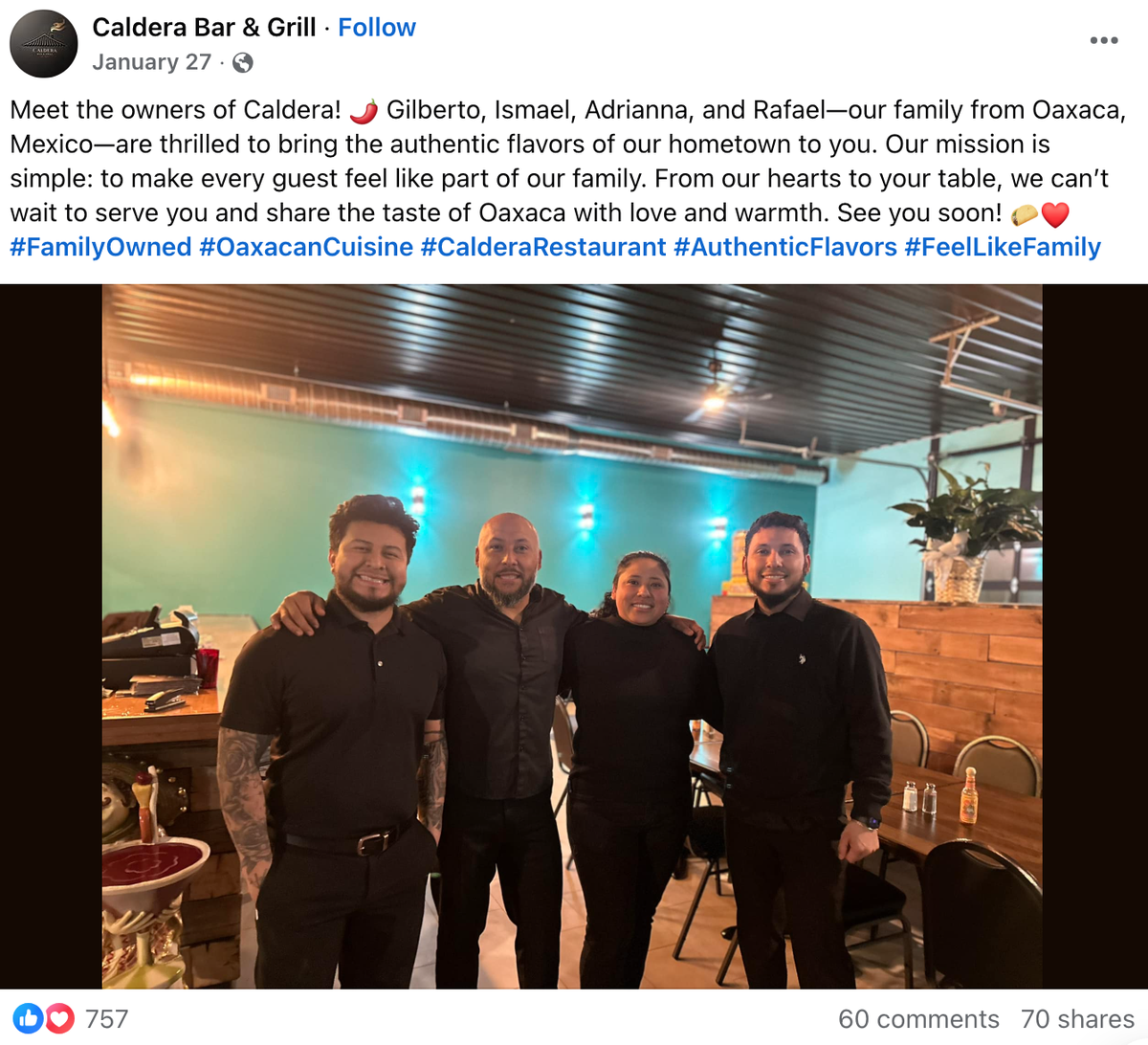 Ismael Ayuzo Sandoval, second from the left, is pictured in this photo posted on his restaurant Caldera Bar and Grill’s Facebook page.