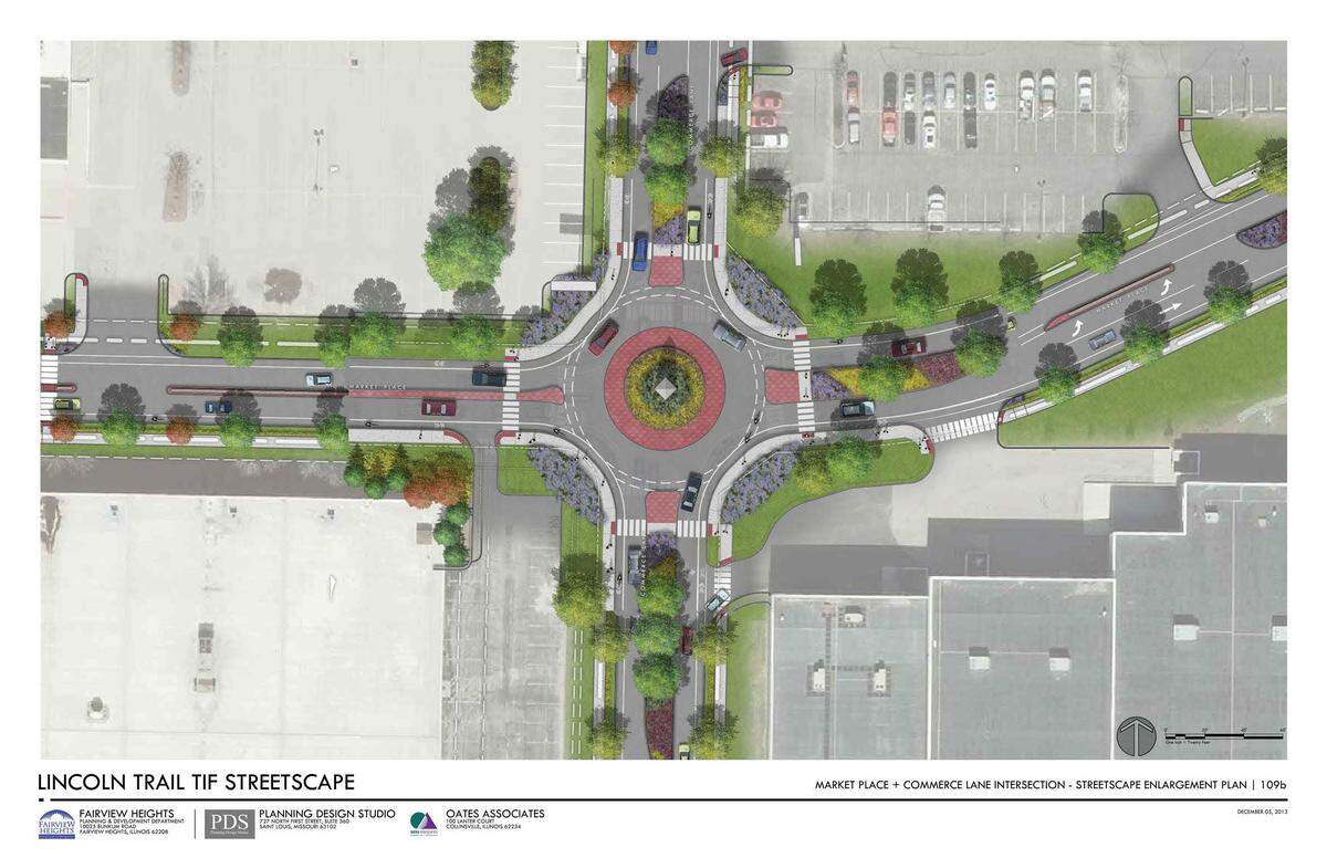 An artist's rendering shows the roundabout planned for Market Place and Commerce Lane as part of the Lincoln Trail Streetscape Project in Fairview Heights.