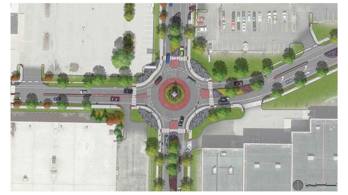 An artist’s rendering shows the roundabout planned for Market Place and Commerce Lane as part of the Lincoln Trail Streetscape Project in Fairview Heights.