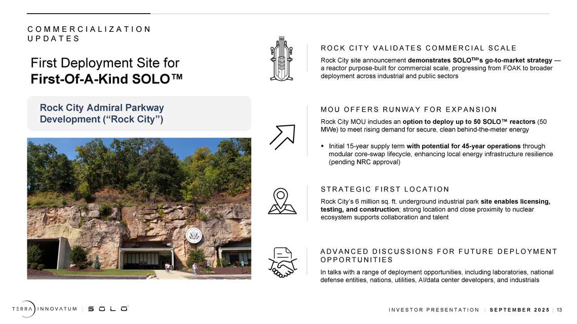 This slide from a September 2025 presentation to Terra Innovatum’s investors details the Italian nuclear power company’s memorandum of understanding with the Rock City to potentially bring up to 50 miniature nuclear reactors, called a Solo reactors, to the underground industrial park in a former Valmeyer limestone mine.