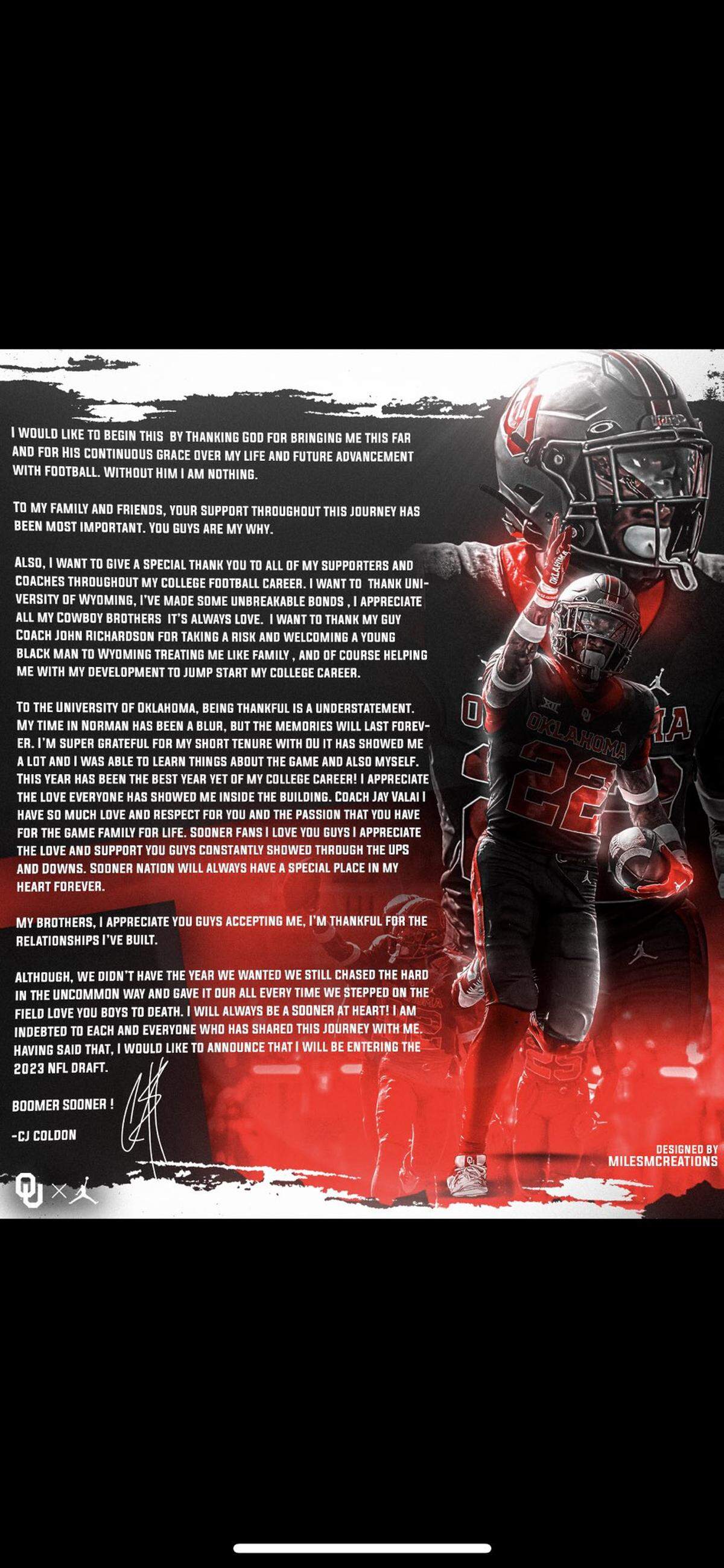 Here is CJ Coldon’s Twitter announcement about declaring for the NFL draft.