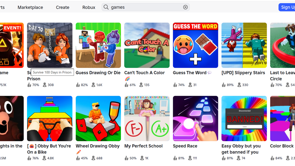 A screenshot from the Roblox website shows some of the games that can be played on the platform. The company, along with company Discord, is being sued by a Madison County family.
