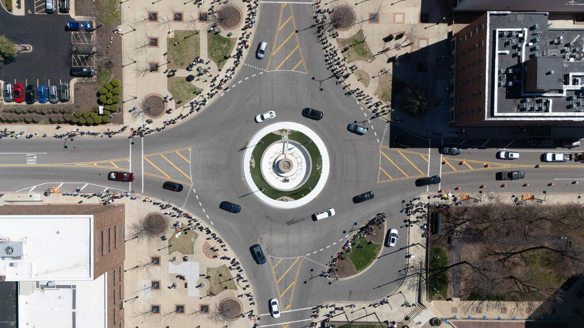 This drone image shows Belleville Public Square during a No Kings protest on Saturday. Organizers estimate that 1,500 people participated, taking into account those who came and went during a four-hour period.