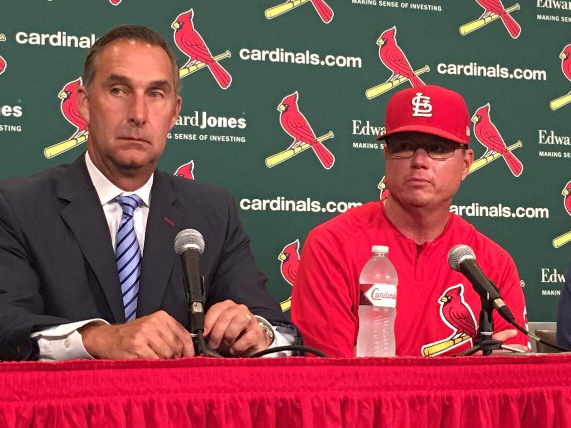 Cardinals President of Baseball Operations John Mozeliak and newly-minted manager Mike Shildt meet with the press Tuesday at Busch Stadium in St. Louis.