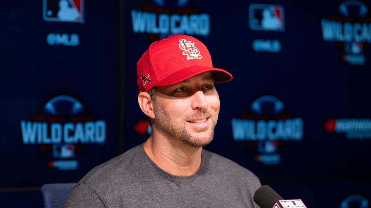 St. Louis Cardinals starting pitcher Adam Wainwright responds to a question during a baseball news conference in Los Angeles, Tuesday, Oct. 5, 2021. The Cardinals play the Los Angeles Dodgers in wild card playoff game on Wednesday. (AP Photo/Kyusung Gong)