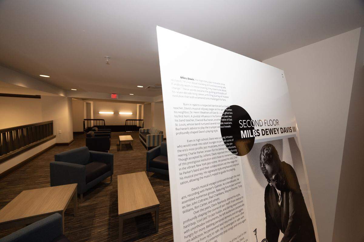 Each floor of the New Broadview is named after a prominent East St. Louis resident. The second floor, pictured here, honors Miles Davis, the famous jazz musician.