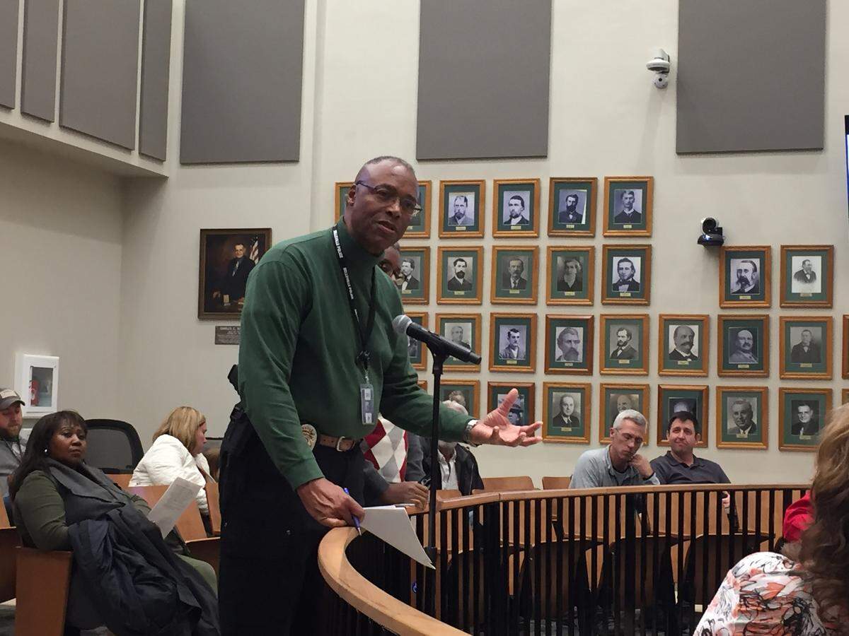 Belleville Police Chief Bill Clay gives a report to the City Council about the police department’s involvement in housing issues. As part of a reorganization, Clay and three other city officials have received raises along with additional duties.